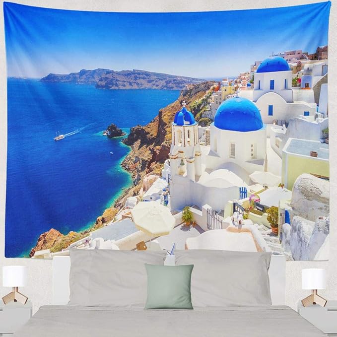 Santorini Tapestry,Wall Hanging Beautiful Town Landmark Nature Europe Wall Tapestry for Bedroom Living Room Tablecloth Dorm 80X60 Inches