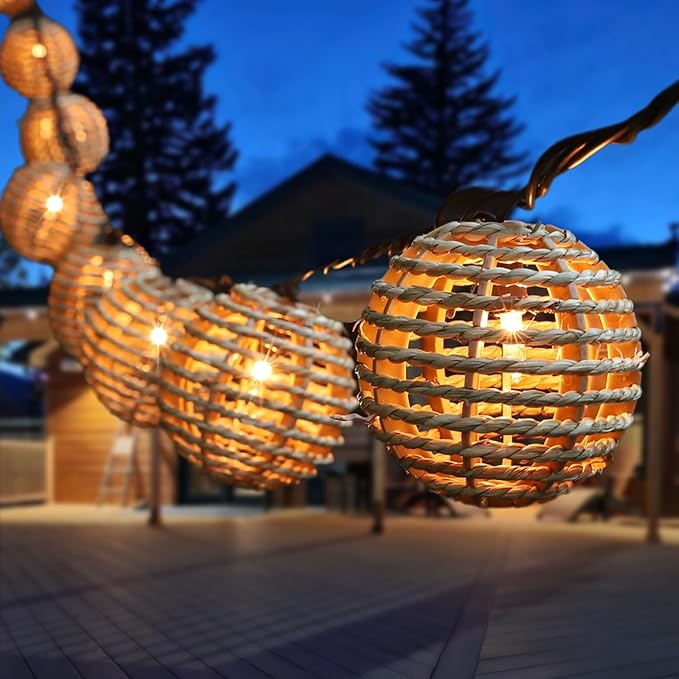 Decorative Outdoor Patio String Lights, Seagrass Rattan Wire Ball Style Lantern String Lights, Connectable Weatherproof Indoor Outdoor Globe Boho String Light for Home Pergola Garden Party Backyard