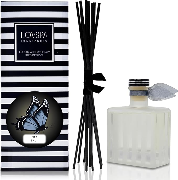 LOVSPA Sea Salt Reed Diffuser Sticks Set - Clean, Fresh Scent of Sea Air, Jasmine Blossoms & Aquatic Musk - Ocean Marine Scent Diffuser for Large Rooms - Made in The USA