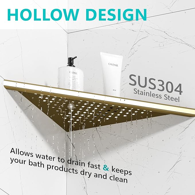 Bathroom Corner Shelf, Recessed 10" Shower Shelf Caddy, SUS304 Stainless Steel Shelf Wall Mount Triangular, No Drilling, Brushed Golden
