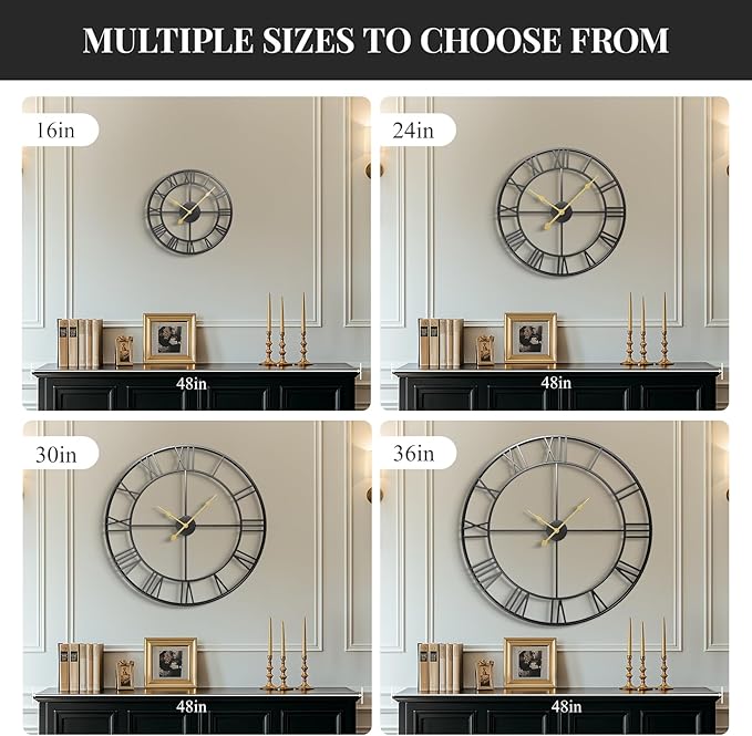 24 Inch Wall Clock Black, Large Decorative Wall Clocks for Living Room, Modern Metal Round Clocks Battery-Operated Completely Silent Non Ticking Roman Number