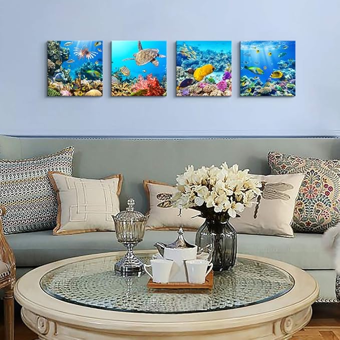 Bathroom Wall Decor Canvas wall art for living room Coral and Fish Modern Home Decor 4 Panels Stretched and Framed Ready to Hang blue Ocean Theme Sea Fish and sea Turtles undersea world Canvas Prints