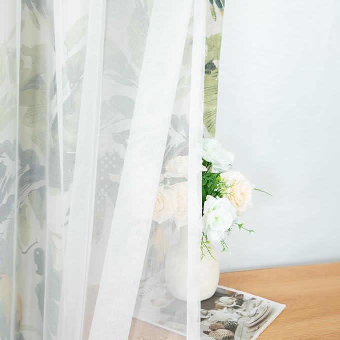 Leeva 96 Inch Curtains with White Sheer Tulle Overlay, Green Bird Printing Light Filtering Curtains 2 Panels Set, Grommet Drapes for Nursery Living Room, 52 x 96 Inches