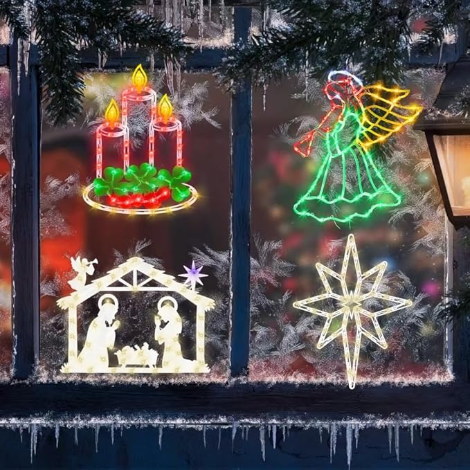 16" Christmas Window Silhouette Lights Decorations - 4 Pack Colour Lighted Angel & Nativity & Bethlehem Star & Candle for Holiday Indoor and Outdoor Wall Door Window Decorate