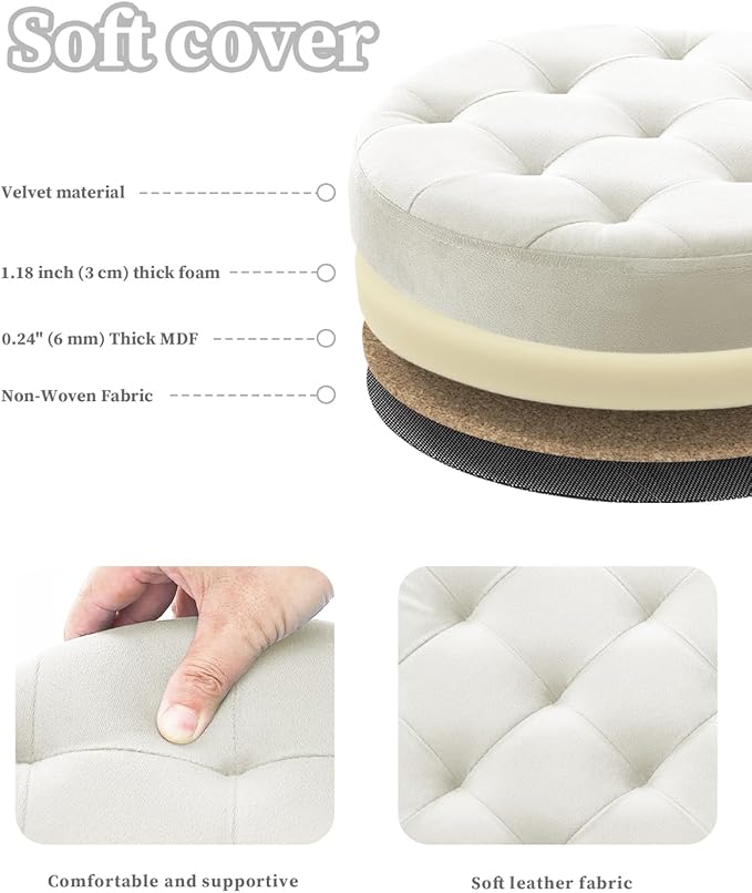 Folding Storage Ottoman Round 15Inch, Foot Stool with Thicker Foam Padded Seat Small Velvet Storage Ottoman Bench Foot Rest for Living Room Foldable Coffee Table,Beige