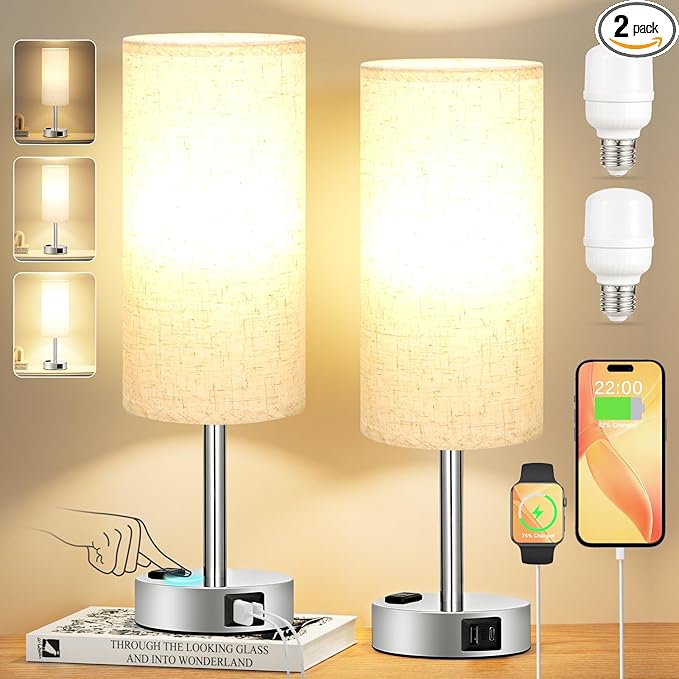 Light Beige Touch Nightstand Lamps Set of 2-3 Way Dimmable Bedside Table Lamps for Bedroom with USB C and A Ports, Small Desk Lamps with AC Outlet for Kids Dorm Nursery
