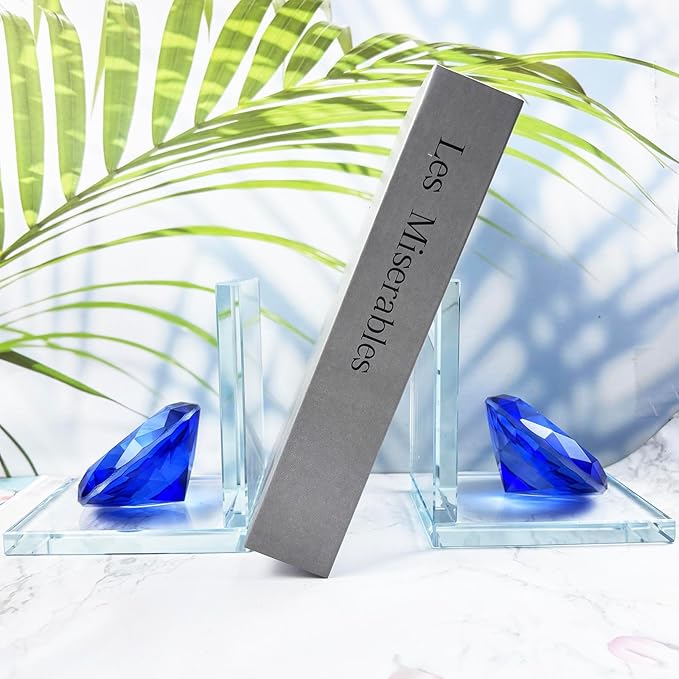 Crystal Bookends Decorative Glass Book Holders Heavy Duty Book Ends with Diamond for Shelf Decor Unique Book Stopper Blue
