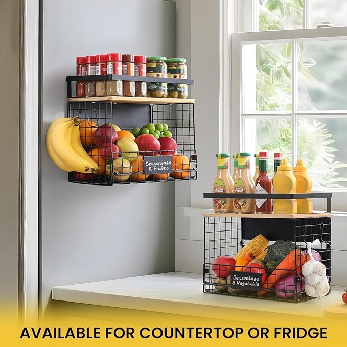 1 SET Strong Magnetic Shelf for Fridge with Tag & Bamboo Top, XXL Large Capacity Magnetic Spice Rack Shelves for Side of Refrigerator, Kitchen Pantry Storage Organizer, Multiuse Food Fruit Veg Baskets