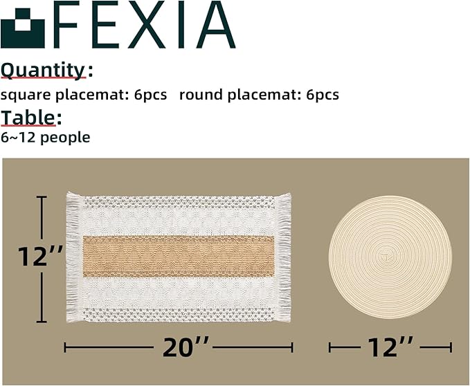 FEXIA Boho Placemats Set of 6, Macrame Table Decor and Farmhouse Style Placemats Natural Cotton Burlap, for Kitchen and Dining Table Centerpiece Home Decorations