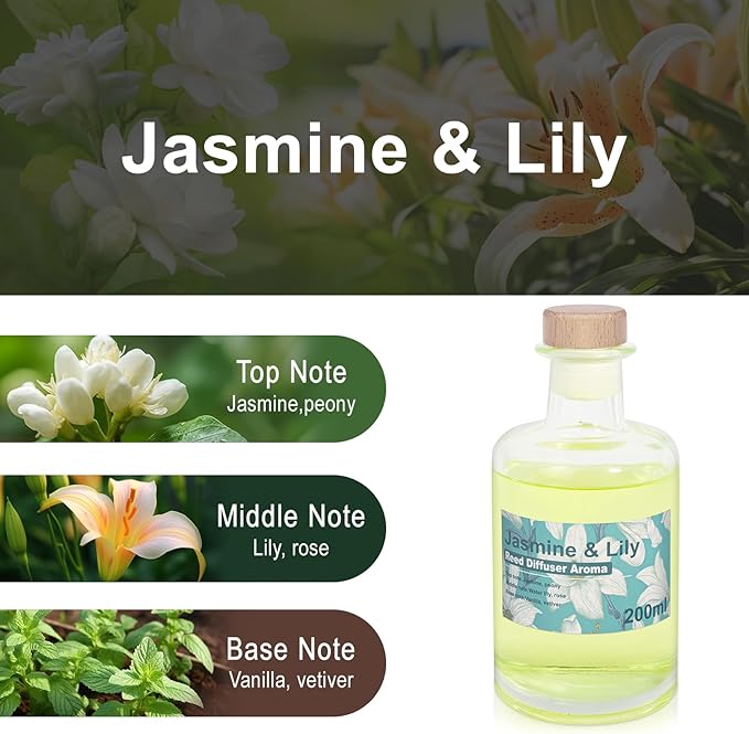 Reed Diffuser Set - 200ml Jamine & Lily Essential Oil Set Includes Rattan Sticks, 6.8fl oz Flower Aroma, Large Glass Bottle, Bathroom Air Freshener, Home Fragrance for Shelf Room Decor