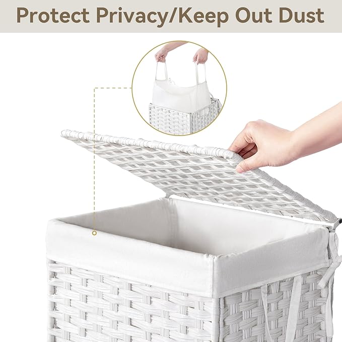 Chrislley 90L Slim Laundry Hamper with Wheels,Rolling Laundry Basket with Lid and Renovable Liner Bag,Handwoven Rattan Organizer for bedroom, bathroom, laundry room (White)