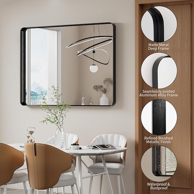 Koonmi Black Bathroom Mirror for Wall, 30x40 Inch Matte Metal Deep Framed Rounded Corner Wall Mirror, Shatterproof Tempered Glass for Farmhouse Bedroom Entryway, Vertically or Horizontally