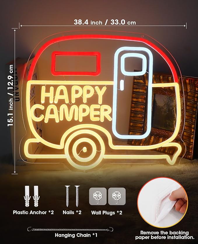 AceList Happy Camper RV Neon Signs for Wall Decor - Camper Decor with 9-Level Brightness Adjustment, USB Powered Caravans Neon Lights for Party, Birthday, Christmas and Camping Decoration