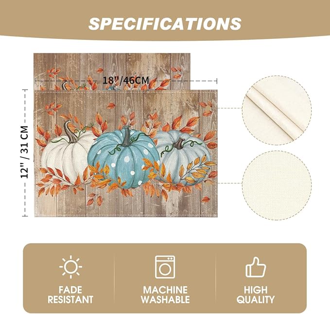 Artoid Mode Blue Pumpkin Wood Grain Fall Placemats Set of 4, 12x18 Inch Seasonal Thanksgiving Holiday Table Mats for Party Kitchen Dining Decoration