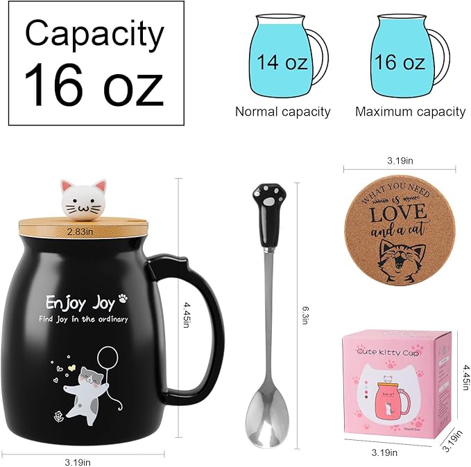 Cute Cat Cup Ceramic Coffee Mug with Kawaii Cat Wooden Lid, Lovely Stainless Steel Spoon, Anime Kitty Thicken Wooden Coaster, Men Women Christmas Birthday Cute Thing Japanese Mug 16oz (BLack)