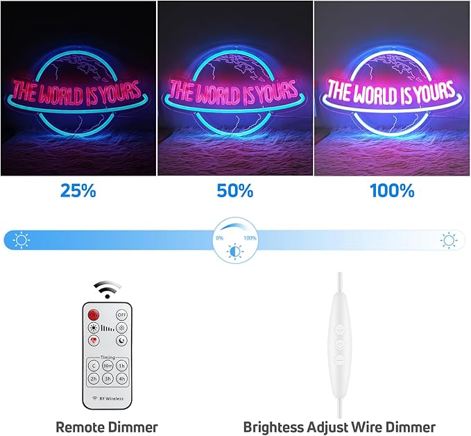 The World is Yours Neon Sign with Remote Dimmer, Ice Blue Pink Planet LED Neon Light Lamp for Wall Decor, Man Cave Home Bar Game Room Bedroom Birthday Gift Graduation Party