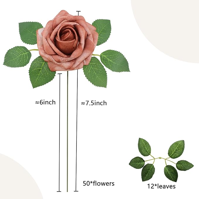 Artificial Flowers Warm Taupe Roses 50PCS Real Looking Foam Fake Roses with Leaves and for DIY Wedding Bouquets Bridal Shower Centerpieces Party Decorations (Warm Taupe)