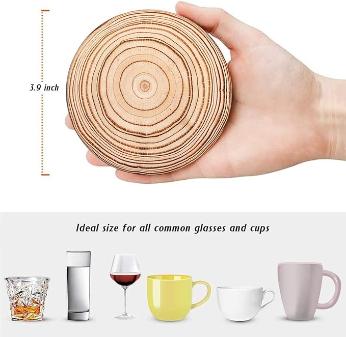 Britimes Coaster for Drinks Set of 6, Wood Grain Absorbent Round Ceramic Stone Mat, with Cork Base and Metal Holder, Gift for Housewarming Room Bar Decor