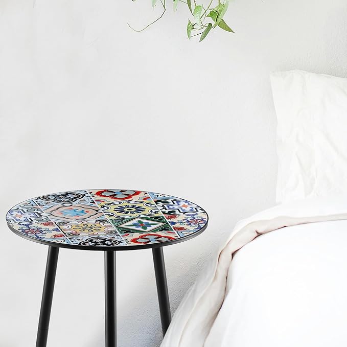 2 Packs Metal Mosaic Round Side Tables 13.4" Small Outdoor Patio Round Accent Coffee Tables Indoor Corner Stand for Small Spaces Weather-Resistant for Balcony, Porch Plant Stands Indoor, Mixed Mosaic