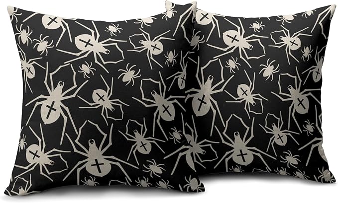 Black Halloween Pillow Covers 16x16 Set of 2 Cream Spider Print Outdoor Decorative Throw Pillows Holiday Scary Themed Farmhouse Pillowcases Linen Cushion Case Decor for Home Sofa Couch Bed