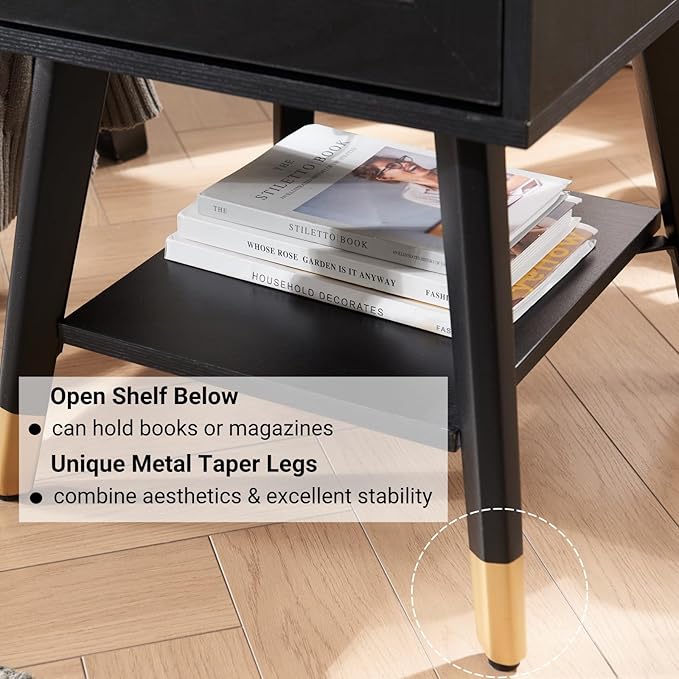 Mid Century Modern End Table with Charging Station - Small Side Table Nightstand with USB Ports & Outlets, Storage Drawer & Open Shelf, Black Wood Furniture for Living Room, Bedroom, Office