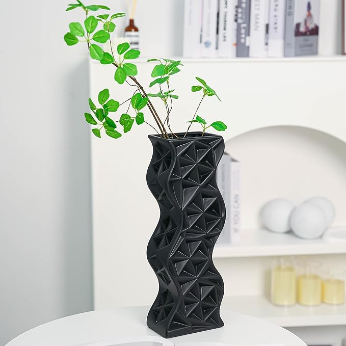 Modern Black Ceramic Tall Vase, 15.94" Large Vase for Living Room, Shelf, Table - Minimalist Twisted Design