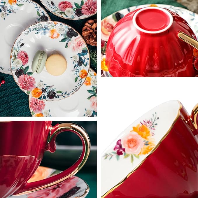 Coffee Cups and Saucers Set of 2,8 oz Tea Cup and Saucer Royal Vintage Ceramic Floral Lined Coffee Cup for Latte,Cappuccino,Porcelain Tea Sets Gift for Birthday Gifts(Red/Green)