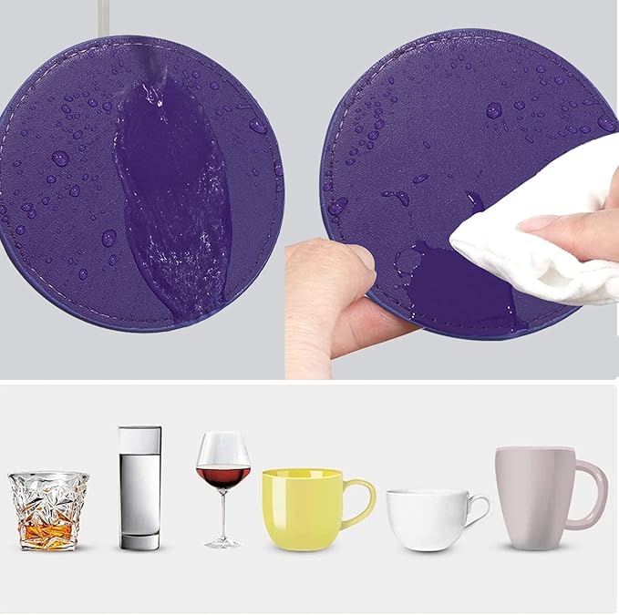 Coasters Set of 6 Soft Leather Drink Coaster Round Coaster with Sewing Around, Suitable for Various Cups, Wooden Tables,Home Decoration,4 Inches (Dark Purple,Sewing Type)
