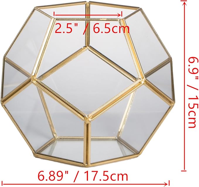 NCYP Glass Terrarium for Small Cactus, Succulents - Gold Geometric Planter Pot, Home Office Tabletop Miniature Garden Decor, 6.89 x 6.89 x 5.9 Inches, Handmade (No Plants, No Door)