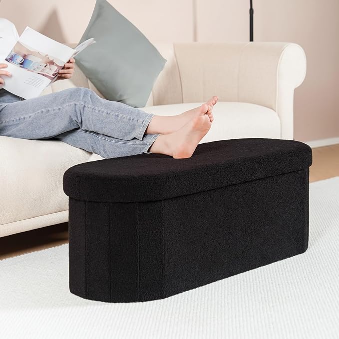 B FSOBEIIALEO Ottoman with Storage for Living Room, Sherpa Folding Storage Ottoman Foot Rest, 43.3 Inches Collapsible Bedroom Bench Black