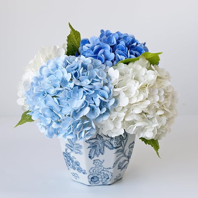YalzoneMet 4Pcs Real Touch Hydrangea Artificial Flower Natural Lifelike 21'' Latex Long Stem Latex Hydrangea Flower Bouquets for Home Party Wedding Table Centerpiece Decor(2 White+2 Dark Blue)