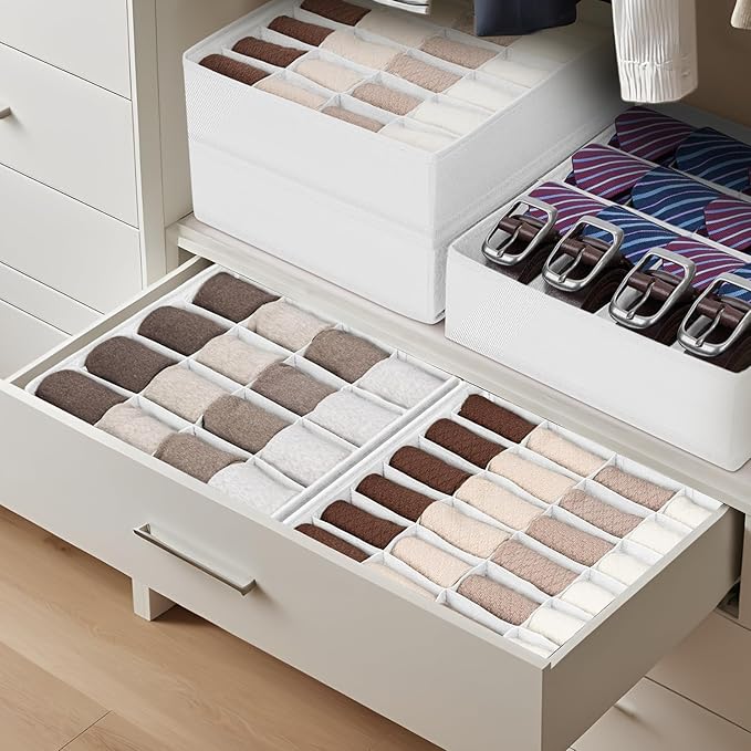 Joyoldelf Drawer Organizer 4 Pack - 2 x 24 Cell + 2 x 16 Cell Closet Organizers and Storage Dividers for Socks, Handkerchiefs, Ties, Belts (White)