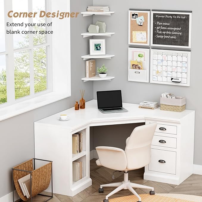 Forbena White Corner Floating Shelves for Wall Set of 4, Rounded Corner Shelves Wall Mounted for Kids Bedroom Books, Cute Wood Hanging Corner Shelf for Bathroom Decor, Living Room, Small Spaces