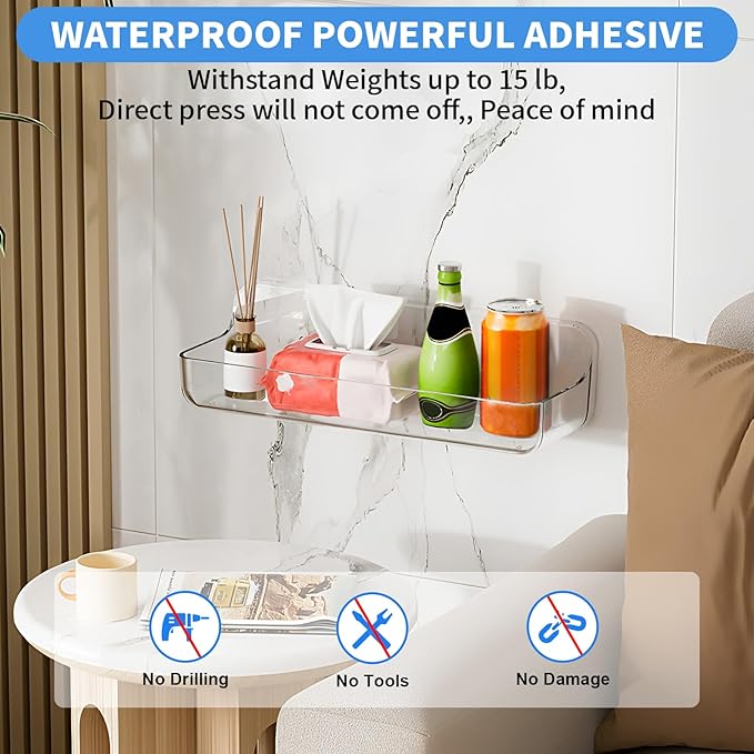 2pc Acrylic Wall Mount Organizer: Adhesive Shelf - Bathroom Wall Organizers - No Drilling Hang Walls, with 3pack Self Adhesive Tapes, for Bathroom, Kitchen,Living Room-Transparent