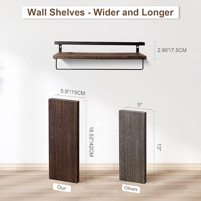AGM Floating Shelves, Bathroom Floating Shelf Set of 2, Carbonized Black Wall Storage Shelf with Towel Bar, Wall Mounted Shelves for Plants, Book, Bathroom, Bedroom, Kitchen, Living Room Decoration
