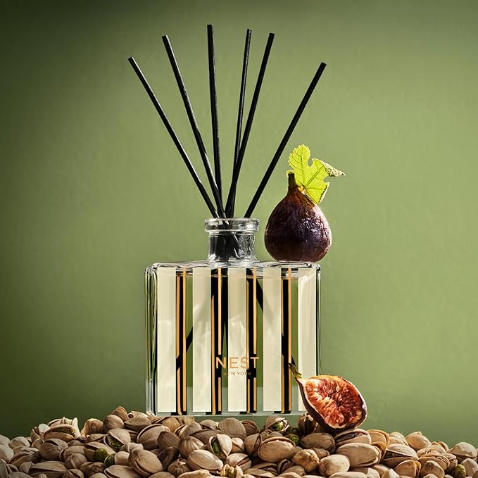 NEST New York Reed Diffuser, Pistachio & Wild Fig - 5.9 fl oz - Fragrance for Up to 90 Days - Reusable, Refillable Glass Holder - Includes 8 All-Natural Reed Sticks - Flame Free