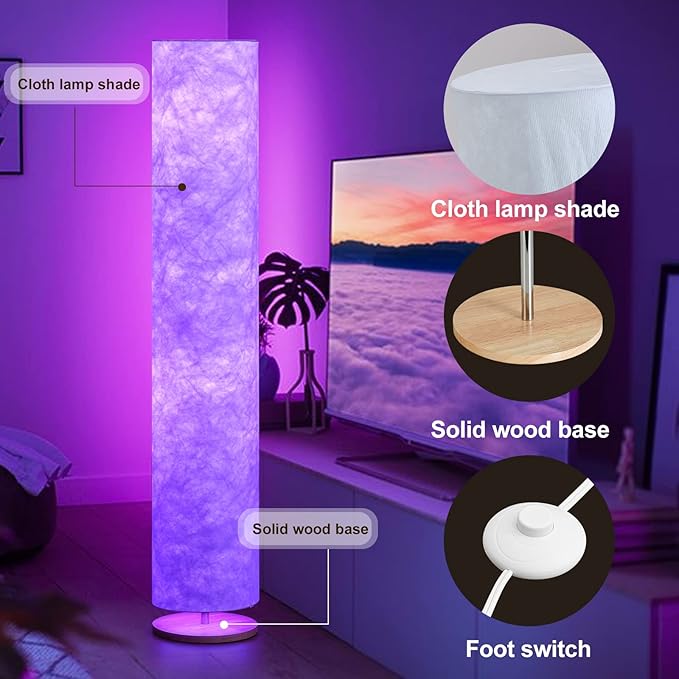LED Soft Light Floor Lamp, 52" Simple Design Morden Slim RGB 16 Color Changing Tyvek Fabric Shade Dimmable Remote Control & 2 Smart LED Bulbs Standing Lamp for Living Room Bedroom Game Room