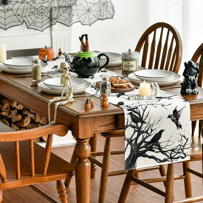 Artoid Mode Silhouette Tree Crows Halloween Table Runner, Branches Fall Kitchen Dining Table Decoration for Outdoor Home Party 13x48 Inch