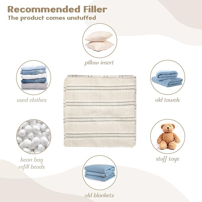 AELS Unstuffed Farmhouse Pouf Cover for Living Room, Boho Storage Bean Bag Cubes, Beige with Gray Stitch Yarn Dyed Stripe Linen Square Ottoman Pouf Foot Rest Footstool, 18"x18"x18", Cover ONLY