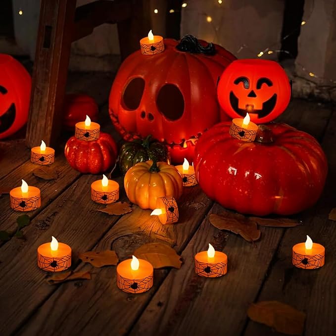 DRomance Halloween Flameless Votive Candles Battery Operated with 6H Timer, 12 Pack Spider Cobweb Decal LED Flickering Pumpkin Tea Lights Candles Fall Indoor Decoration(1.5" D x 1.4" H)