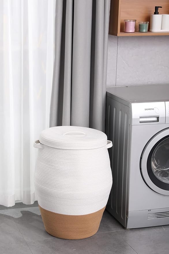 26" x 20" Tall Extra Large Storage Basket with Lid, Cotton Rope Storage Baskets, Woven Laundry Hamper with Cover, Cloth Storage Bin, for Clothes Towels Blanket in Living Room, White/Camel Bottom