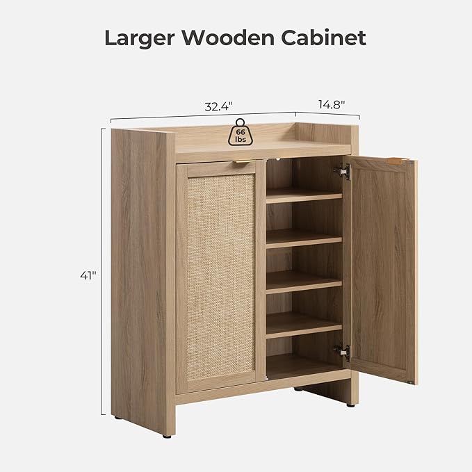 SICOTAS Shoe Cabinet, 24 Pair Shoe Storage Organizer Cabinet, 41" Tall Rattan Shoe Cabinet with Doors and Shelves, 6-Tier Farmhouse Boho Wooden Storage Cabinet for Entryway Hallway Closet, Light Oak