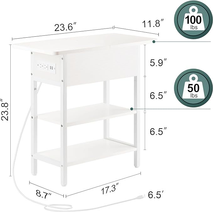 Yoobure End Table with Charging Station, Flip Top Side Table with USB Ports and Outlets, Sofa Couch Table Bedside Table for Living Room Bedroom, Narrow Nightstand with Storage Shelves for Small Spaces