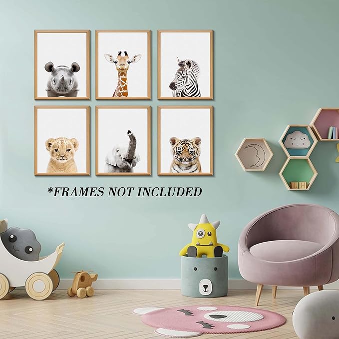 Nursery Safari Wall Art Decor, Jungle Animal of Rhino, Giraffe, Zebra, Cute Safari Decor for Baby Bedroom (8"x10", UNFRAMED) (H, 11x14 inch)