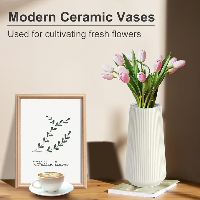 White Ceramic Vase for Flowers, Tall Home Decor Vase with Ribbed Texture, Vases for Centerpieces, Farmhouse Decor, Living Room, Decor Bedroom, Table, and Kitchen Shelf (XL White)