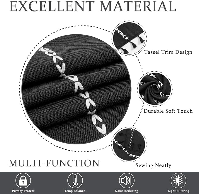 ColorBird Black Curtains for Living Room, 2 Panels Linen Curtains 84 Inches Long, Boho Room Darkening Black Drapes, Embroidered Window Curtains for Bedroom Door Office