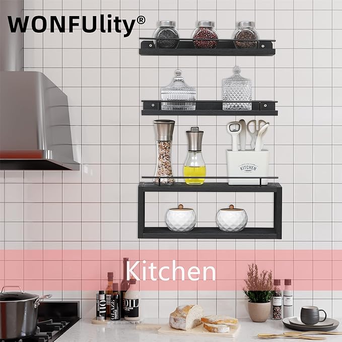 WONFUlity Bathroom Wall Shelves With Storage Basket, Over Toilet Paper Holder, Farmhouse Wood for Living Room, Bedroom, Kitchen, Wall Decor (2 Black)