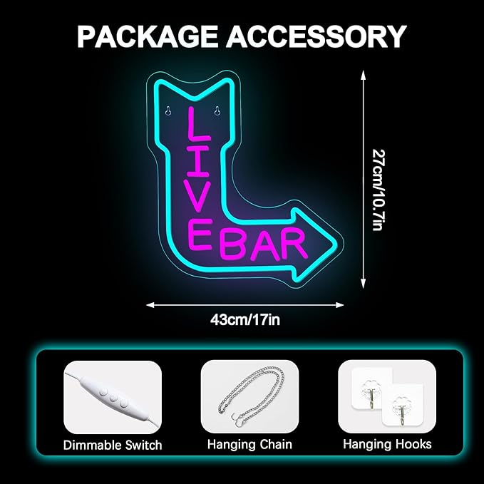 NOSUN LIVE BAR Neon Sign for Wall Decor Man Cave Bar Beer Home Art Neon Light LED Neon Lights Signs with Dimmer for Bedroom Office Hotel Pub Recreation Room Sign