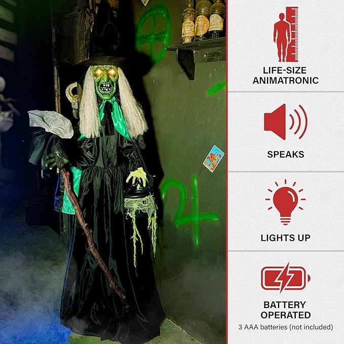 Haunted Hill Farm Lifesize Scary Talking Witch Prop with Cauldron and Broom with Touch Activated Lights and Sound, Battery-Operated Indoor or Covered Outdoor Halloween Decoration