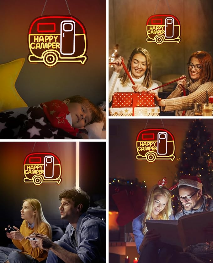 AceList Happy Camper RV Neon Signs for Wall Decor - Camper Decor with 9-Level Brightness Adjustment, USB Powered Caravans Neon Lights for Party, Birthday, Christmas and Camping Decoration